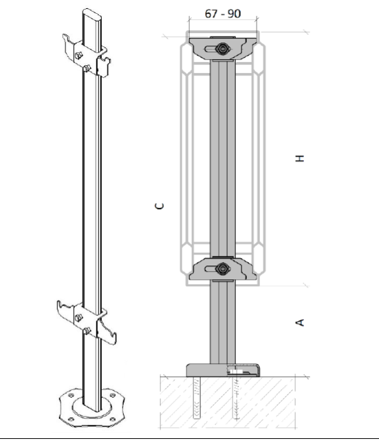 Кронштейн напольный для стальных радиаторов внутренний БПЛ007-10.30 (стойка 30*10мм H450мм)